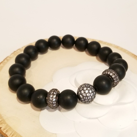 NEW Natural Black Stones Pave CZ Stretch Bracelet - Picture 2 of 5